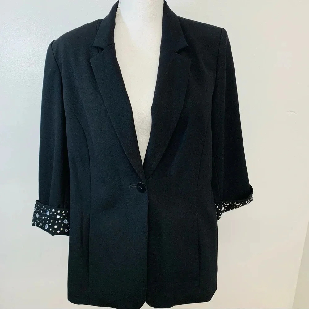 Susan Graver Artsy Blazer 12 Black Chelsea Stretch 3/4 Sleeve Beads Classic